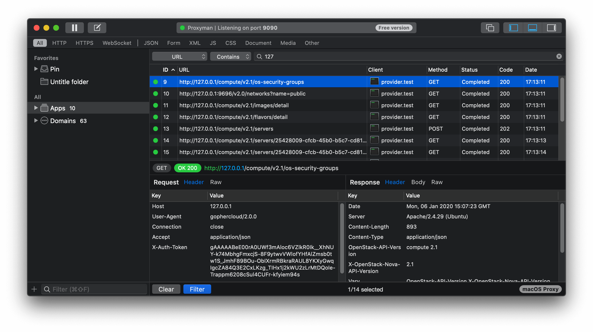 Screenshot with macOS' Proxyman for a local Openstack instance
