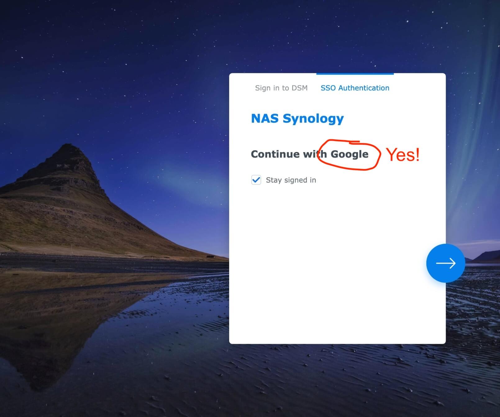 Synology login screen that shows a button that says Login with Google