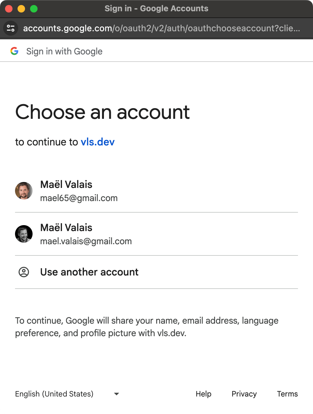 Google screen allowing you to select a Google account
